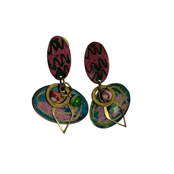 Vintage 1970s Earrings Teardrop Dangle Drop Pink Green Gold Boho Abstract Earrin - Picture 1 of 3